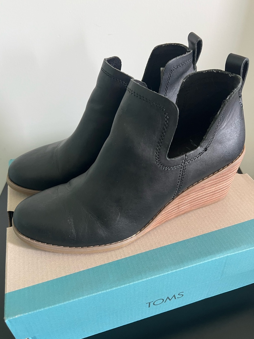 TOMS Kallie Black Leather Wedge Booties